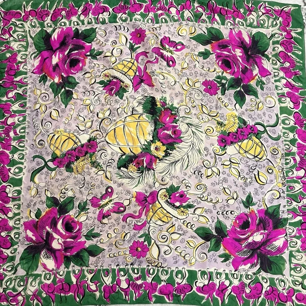 Vintage 100% Silk Floral Square Scarf Pink Green Rose Butterfly Hand Rolled